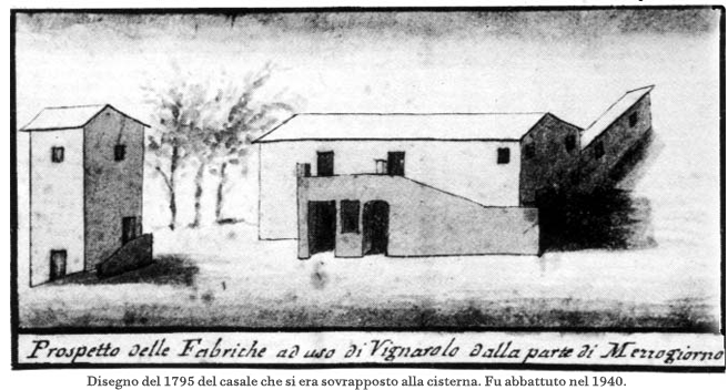 Villa 9 maggio Disegno del 1795 del casale che si era sovrapposto alla cisterna. Fu abbattuto nel 1940.